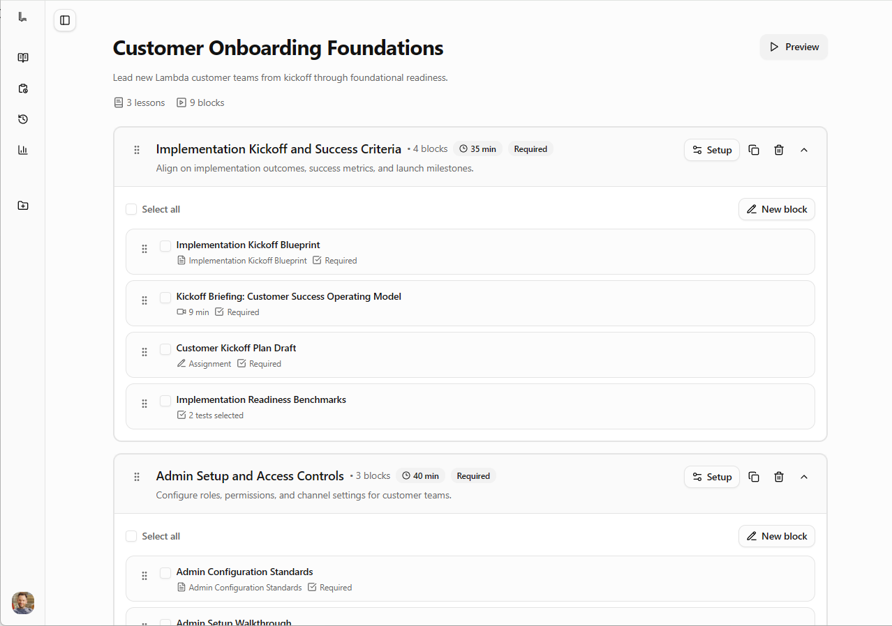 Libra course builder showing lesson sequencing and block-level editing