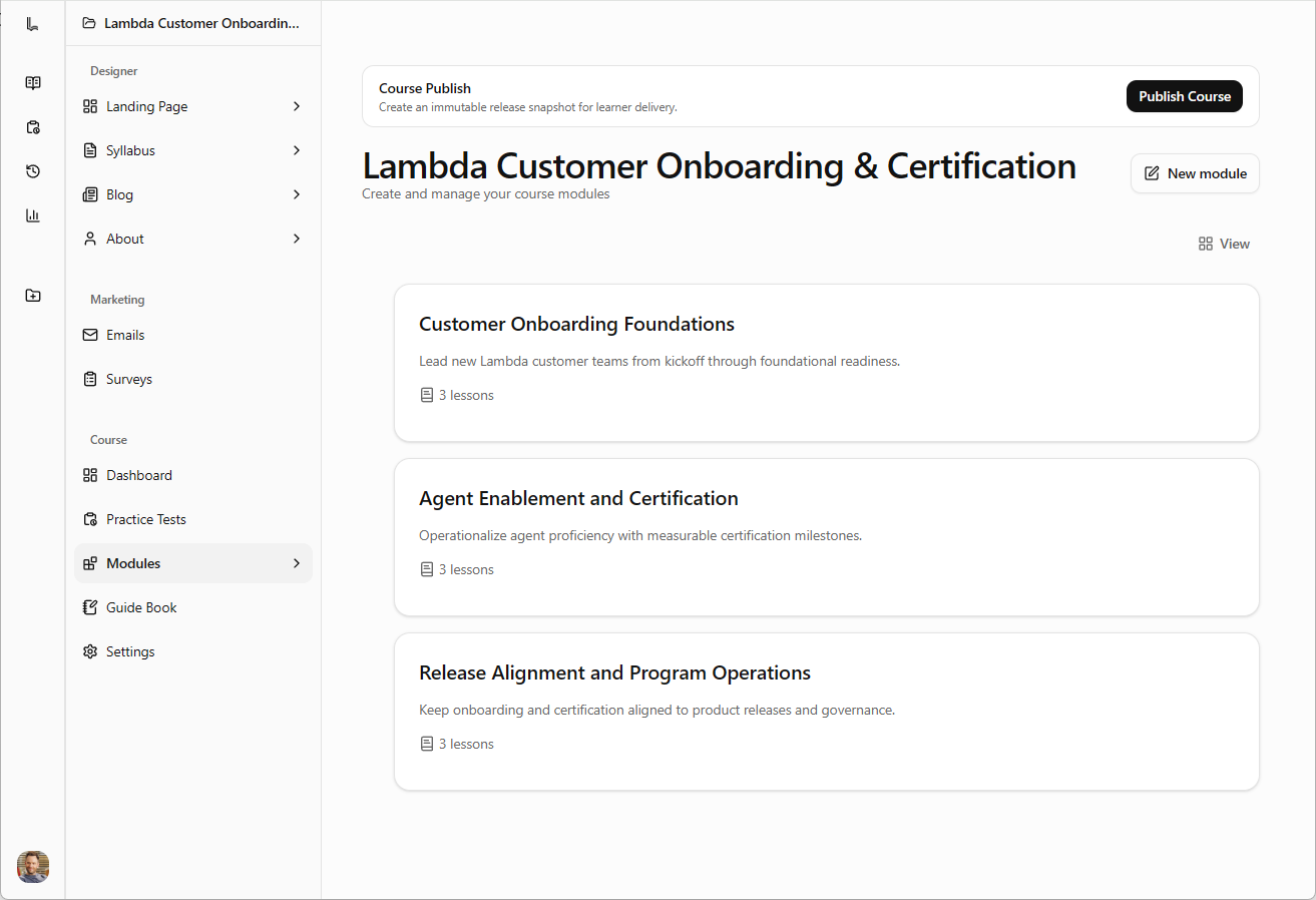 Libra module overview showing a structured course with three modules for onboarding, certification, and release alignment